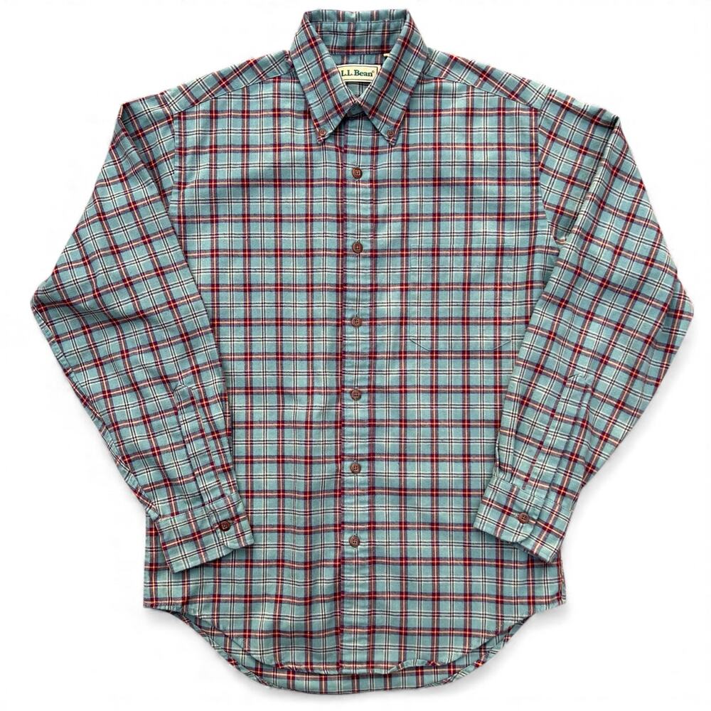Vintage LL Bean Blue Green Plaid Flannel Cloth Button Up Shirt Outdoors Layers